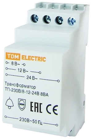 TDM ELECTRIC SQ0225-0001 Трансформатор понижающий (звонковый) ТП-230В/8-12-24В 8ВА DIN-рейка TDM